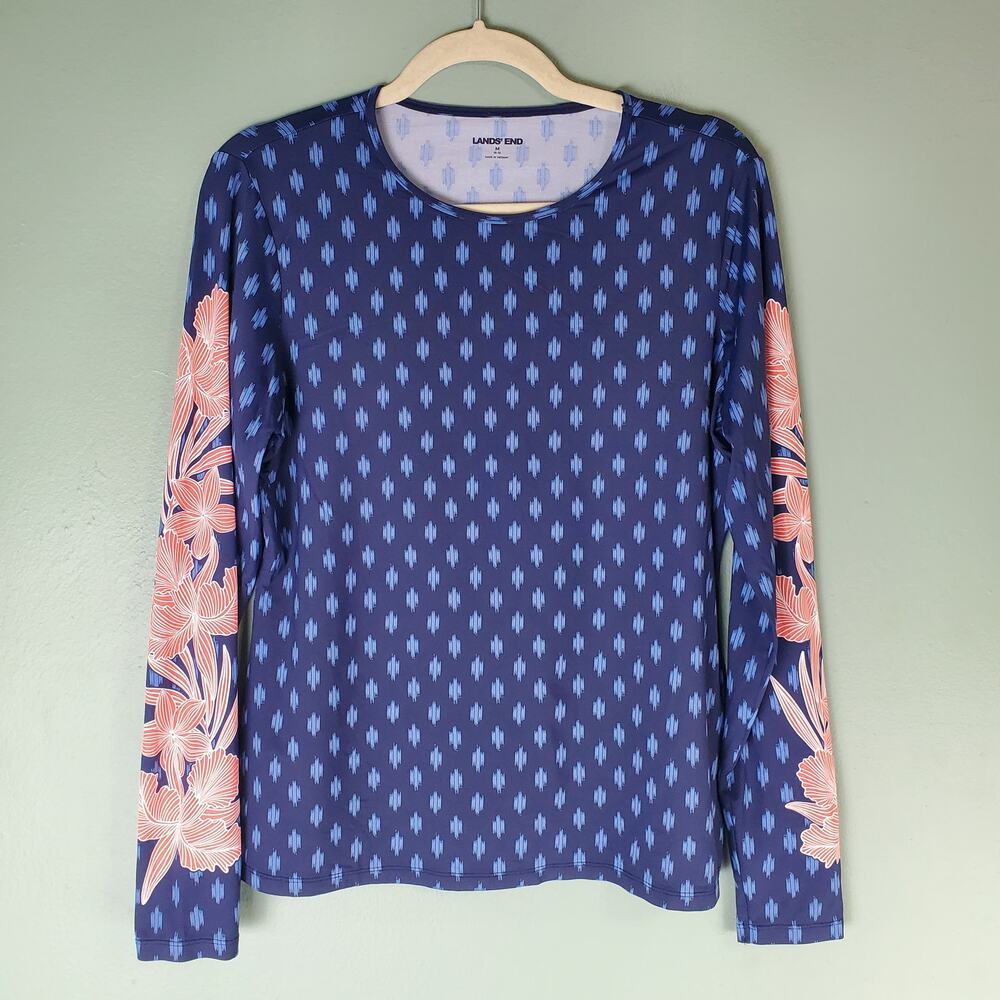 Lands End Womens Sunshade UPF 50 LS Relaxed Rash Guard Print Top Size M 10-12